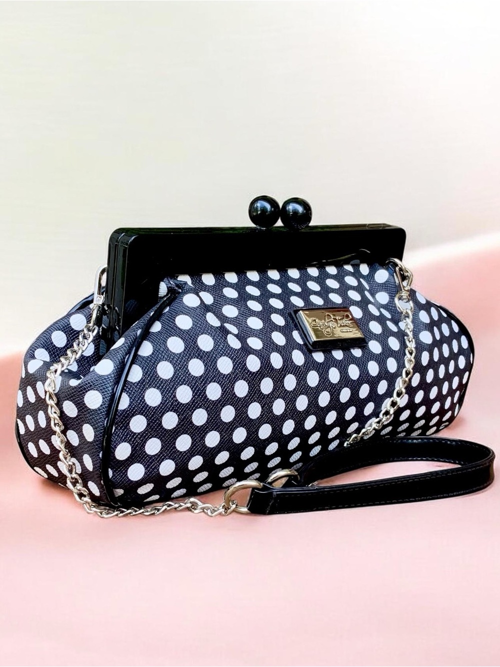 Carolyn Tucker Collection Black & White Polka Dot Frame Clutch with Chain Strap